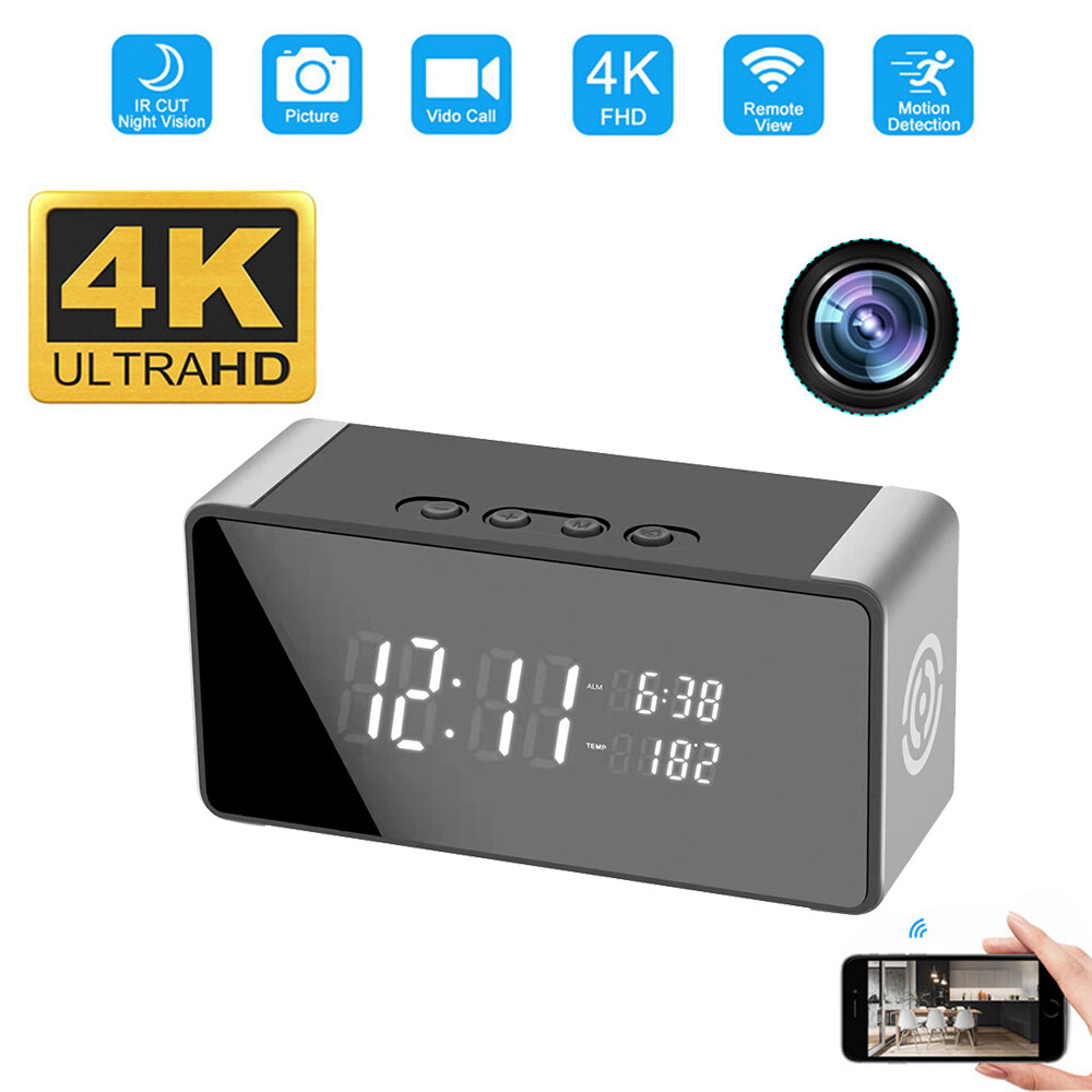 Original Wifi Electronic Clock Camera 4K/1080P Hidden Wireless Micro Camera Infrared Night Vision Digital Clock Remote Monitoring Motion Detection 1600mAh Monitoring Camera Support 128G TF Card
