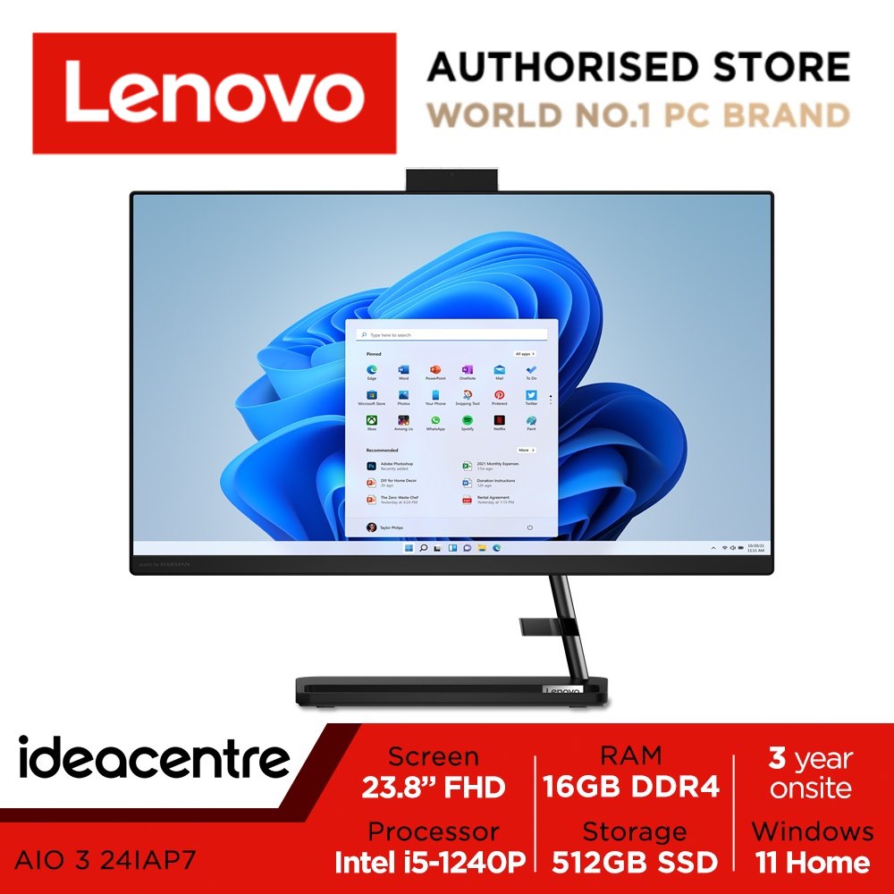 [Best Seller] Lenovo IdeaCentre AIO 3 24IAP7 | F0GH0006ST | 23.8" FHD (1920x1080) | Intel Core i5-1240P | 16GB RAM | 256GB SSD + 1TB HDD | Intel Iris Xe Graphics | Win11 Home | 3Y Onsite Warranty