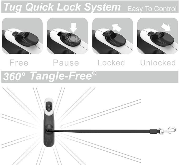 TUG 360° Tangle-Free Retractable Dog Leash | 16 ft Strong Nylon Tape | One-Handed Brake, Pause, Lock (Medium, White)