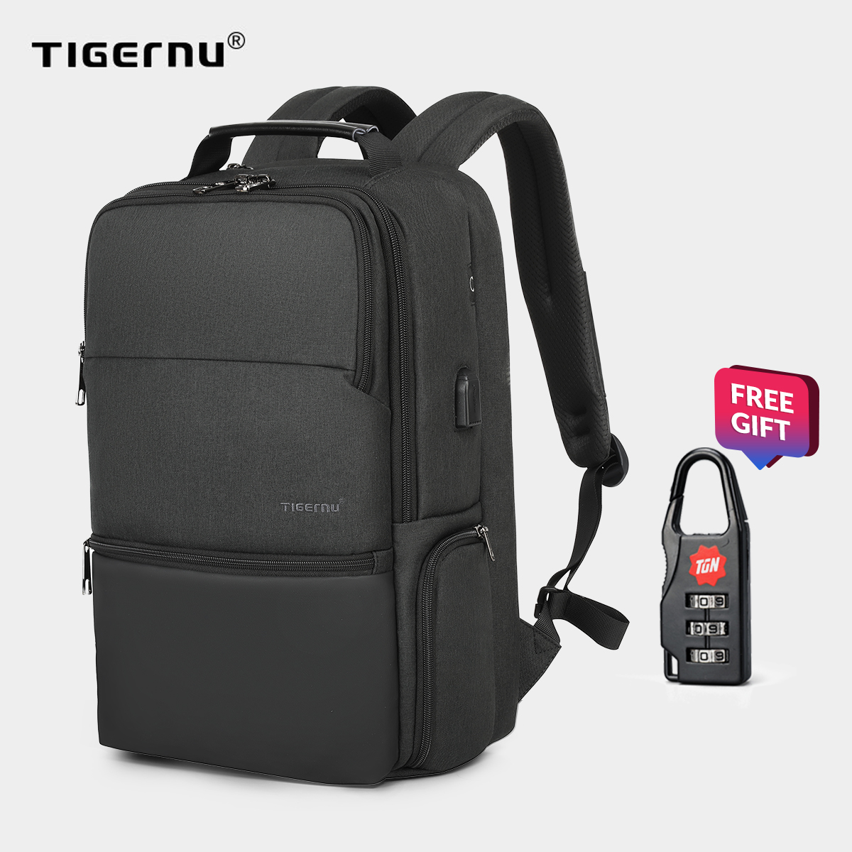 【Free shipping】Tigernu 15.6 RFID Anti theft Water resistant With USB Charging Port Laptop bag travel backpack for men