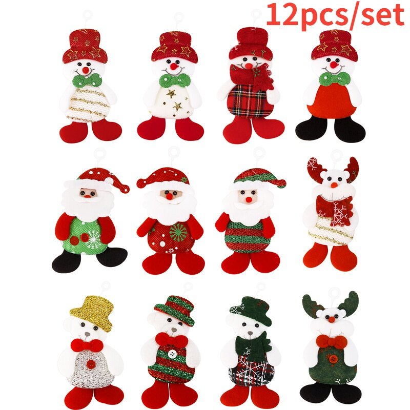 12Pcs Christmas Bells Ornaments / Snowman Xmas Tree Hanging/ Christmas Cloth Doll Pendant / Christmas Tree Ornament Holiday Decorations